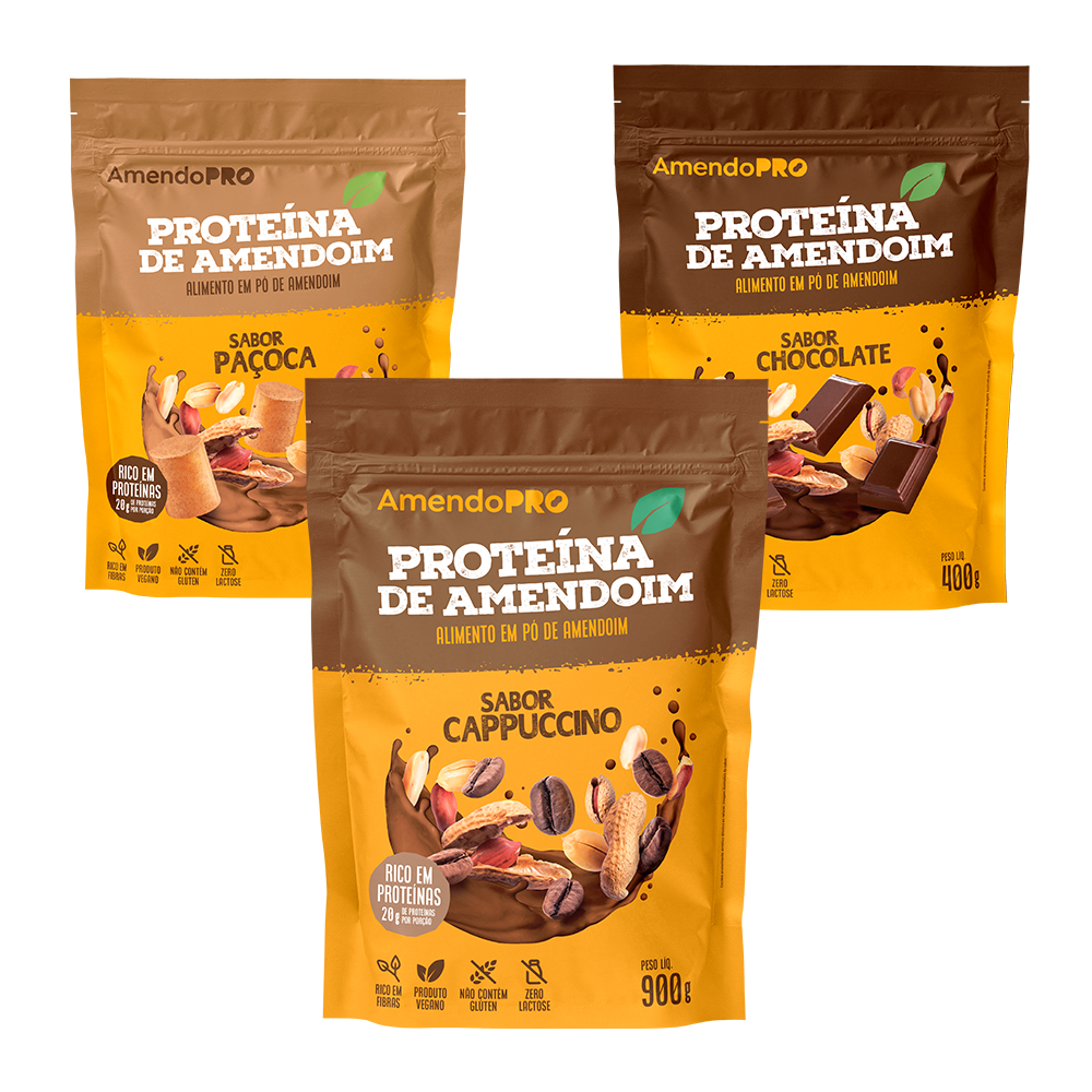 Proteína de Amendoim | Combo Paçoca 900g + Chocolate e Cappuccino 400g