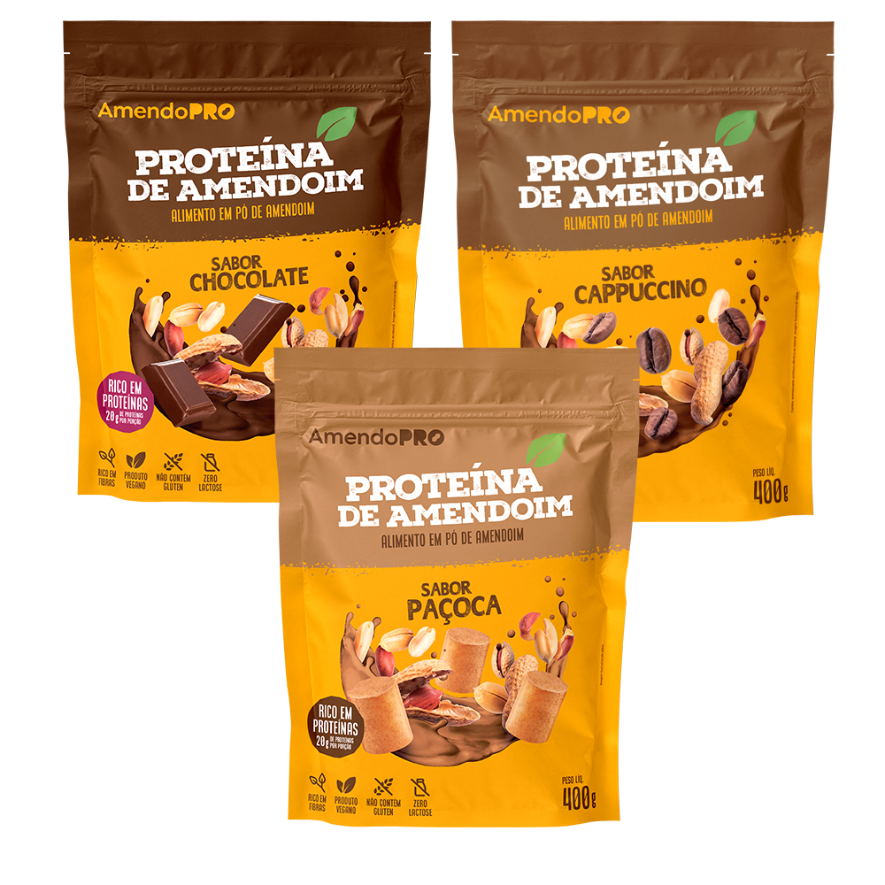 Proteína de Amendoim - 400g | Kit 3 Sabores (Chocolate, Cappuccino e Paçoca)