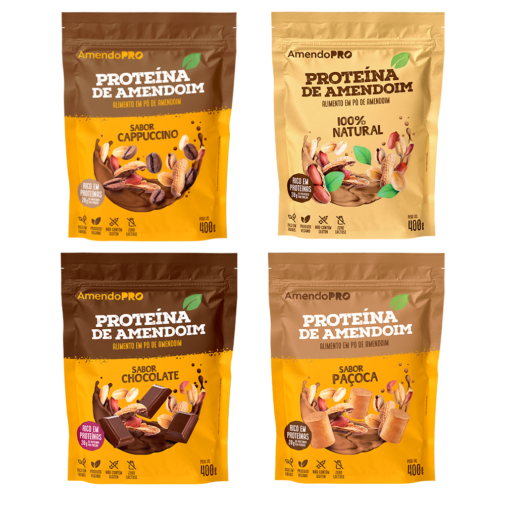 Proteína de Amendoim - 400g | Kit 4 Sabores (Chocolate, paçoca, Cappuccino e 100% Natural)