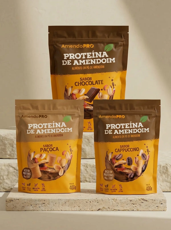 Proteína de Amendoim | Combo Chocolate 900g + Cappuccino e Paçoca 400g