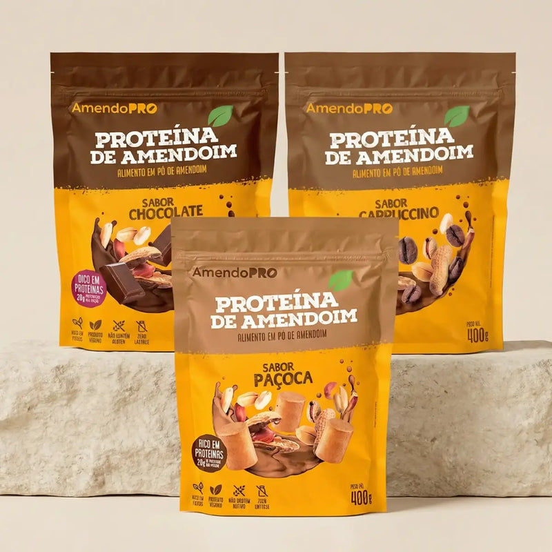Proteína de Amendoim - 400g | Kit 3 Sabores (Chocolate, Cappuccino e Paçoca)