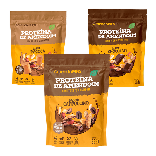 Proteína de Amendoim | Combo Paçoca 900g + Chocolate e Cappuccino 400g