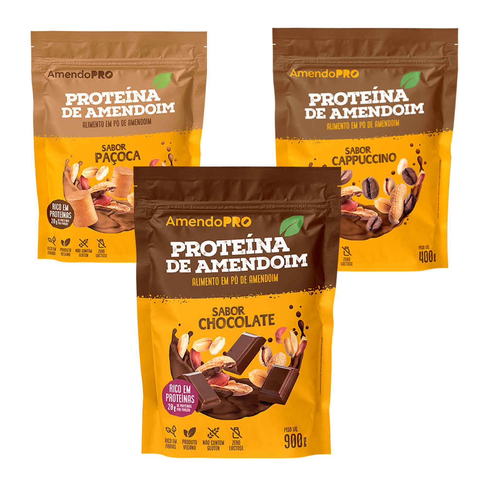 Proteína de Amendoim | Combo Chocolate 900g + Cappuccino e Paçoca 400g