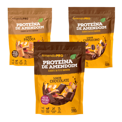 Proteína de Amendoim | Combo Chocolate 900g + Cappuccino e Paçoca 400g