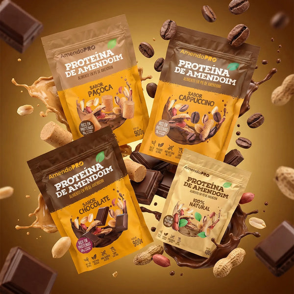 Proteína de Amendoim | Combo Paçoca, Chocolate e Cappuccino 900g + 100% Natural 400g
