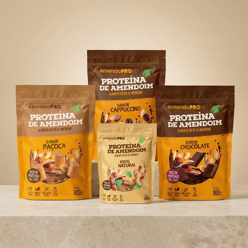Proteína de Amendoim | Combo Paçoca, Chocolate e Cappuccino 900g + 100% Natural 400g