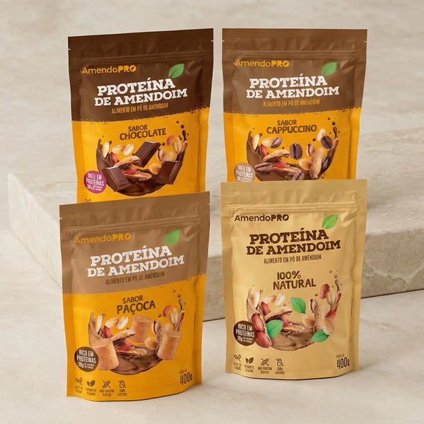 Proteína de Amendoim - 400g | Kit 4 Sabores (Chocolate, paçoca, Cappuccino e 100% Natural)