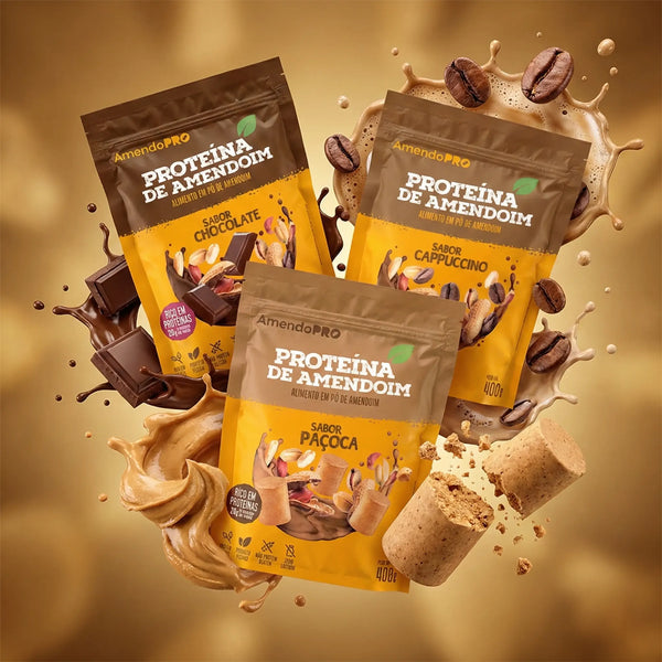 Proteína de Amendoim - 400g | Kit 3 Sabores (Chocolate, Cappuccino e Paçoca)