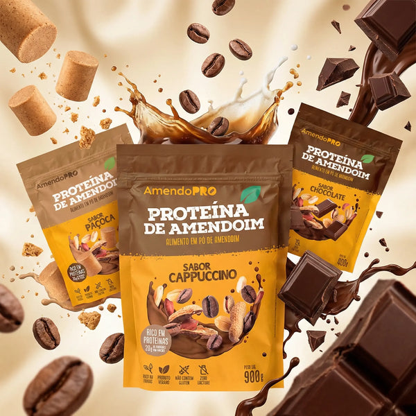 Proteína de Amendoim | Combo Paçoca 900g + Chocolate e Cappuccino 400g
