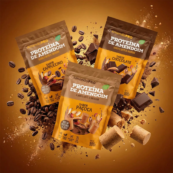 Proteína de Amendoim - 900g | Kit 3 Sabores (Chocolate, Cappuccino e Paçoca)