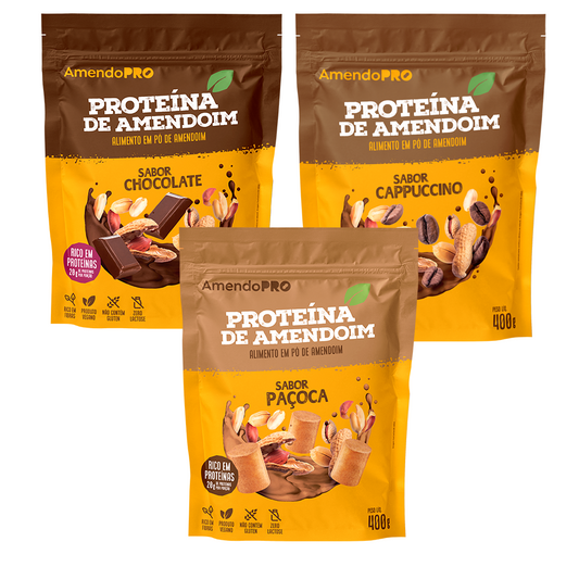 Proteína de Amendoim - 400g | Kit 3 Sabores (Chocolate, Cappuccino e Paçoca)