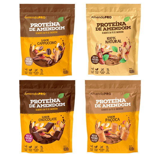 Proteína de Amendoim - 400g | Kit 4 Sabores (Chocolate, paçoca, Cappuccino e 100% Natural)