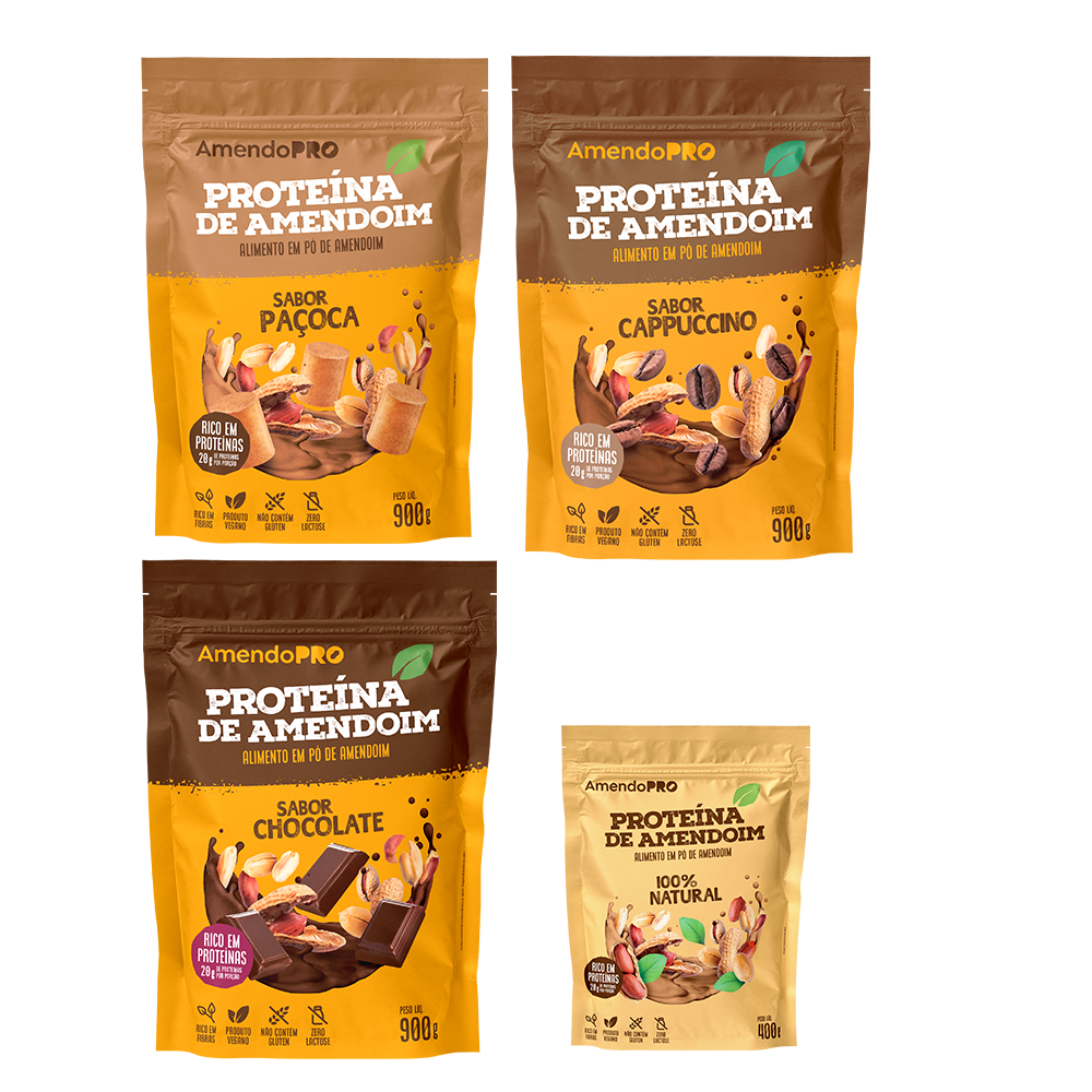 Proteína de Amendoim | Combo Paçoca, Chocolate e Cappuccino 900g + 100% Natural 400g