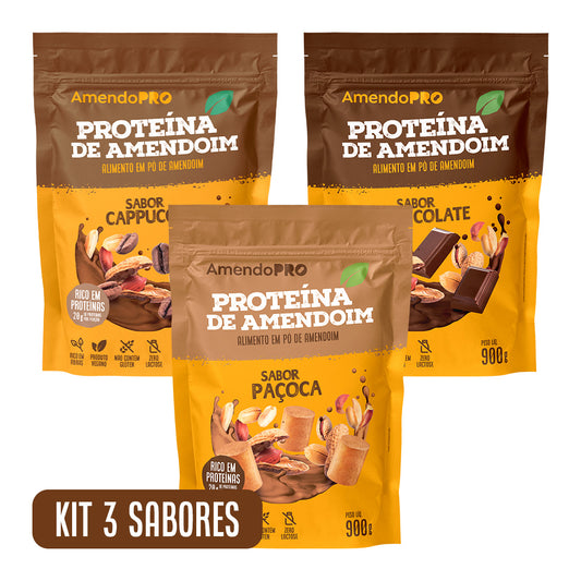 Proteína de Amendoim - 900g | Kit 3 Sabores (Chocolate, Cappuccino e Paçoca)