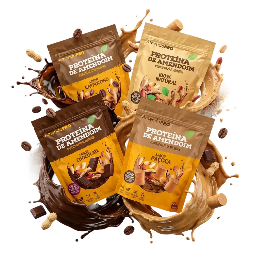 Proteína de Amendoim - 400g | Kit 4 Sabores (Chocolate, paçoca, Cappuccino e 100% Natural)