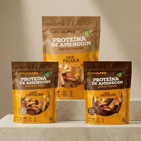 Proteína de Amendoim | Combo Paçoca 900g + Chocolate e Cappuccino 400g