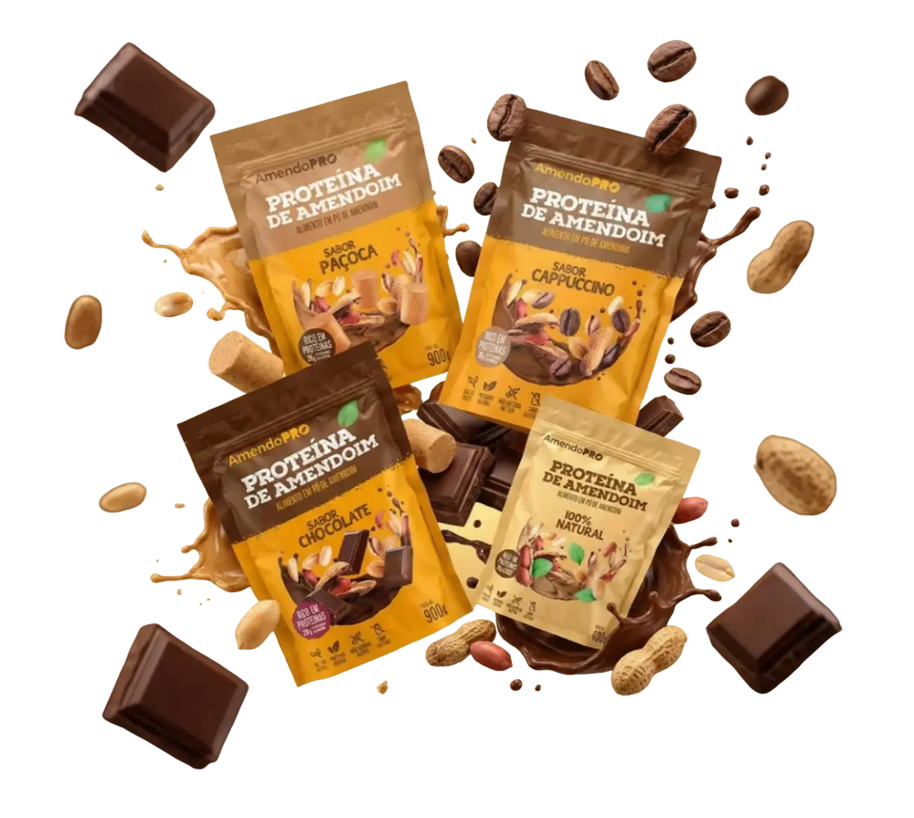 Proteína de Amendoim | Combo Paçoca, Chocolate e Cappuccino 900g + 100% Natural 400g
