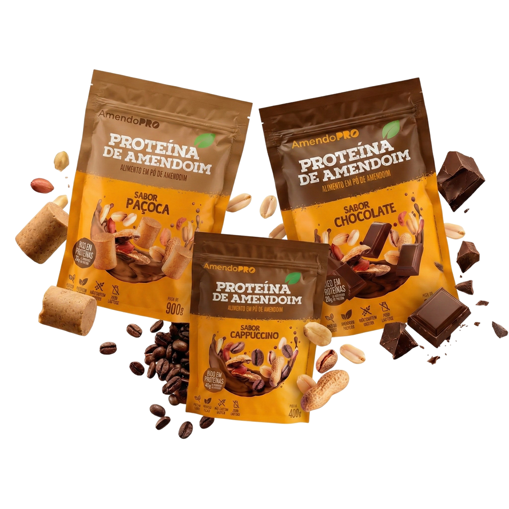 Proteína de Amendoim | Combo Chocolate 900g + Cappuccino e Paçoca 400g