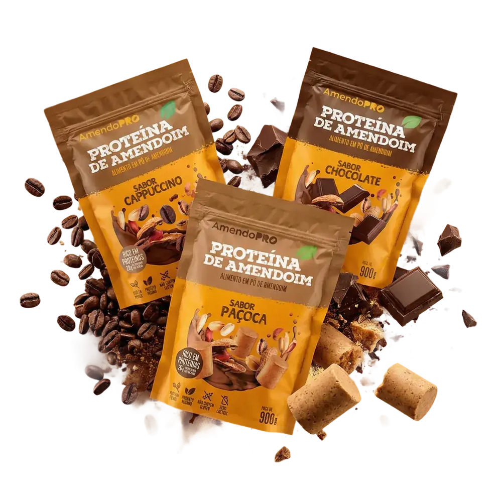 Proteína de Amendoim | Combo Paçoca 900g + Chocolate e Cappuccino 400g
